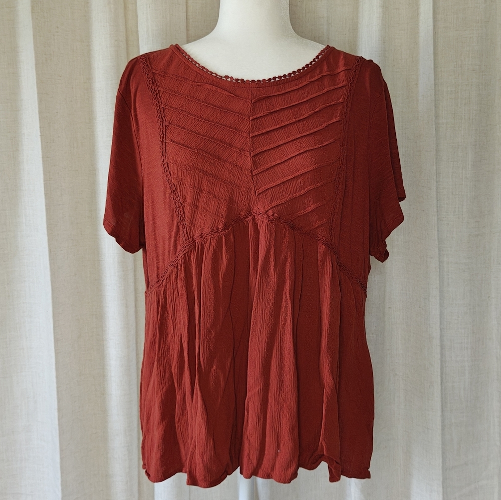 Knox Rose Burnt Orange Pleated Short Sleeve Blouse